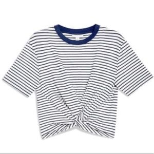 TopShop White & Navy Striped Twist Front Tee